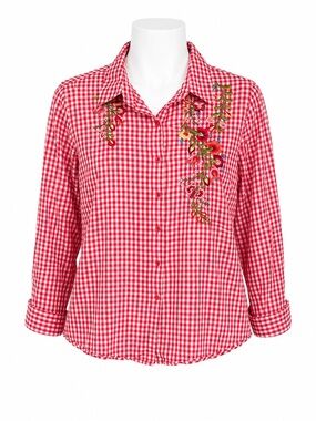 Size M‎ Princess Cruises Women’s Red Gingham Floral Embroidered Button-Up Shirt